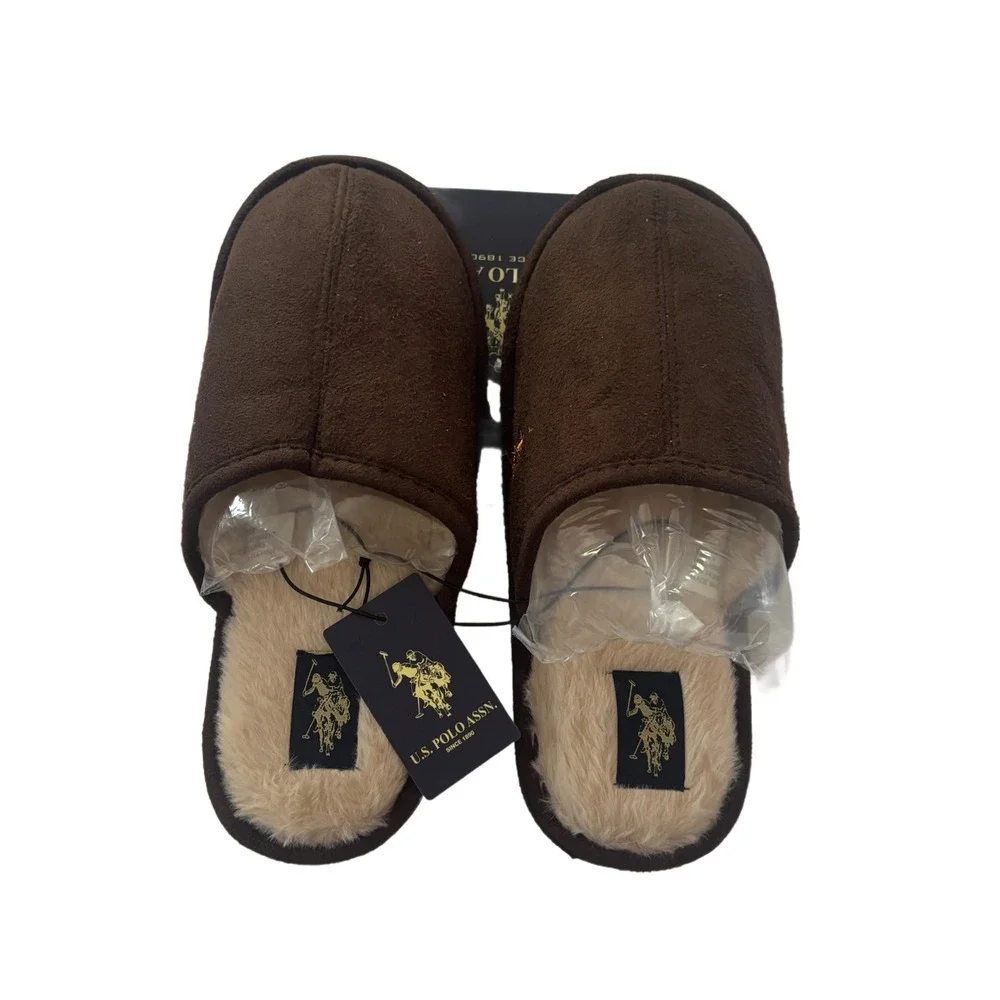 US Polo Assn‎ Mens Suede Faux Fur Lined Scuff Slippers Brown Size S 7/8 NEW